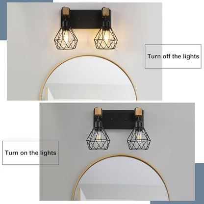 Farmhouse Vanity Light for Bathroom, 3-Light Wood Bathroom Vanity Light Fixtures Over Mirror, Rustic Sconces Wall Lighting with Metal Lampshade for Living Room, Bedroom, Hallway
