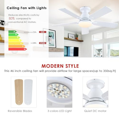 Ceiling Fans with Lights- 52" Low Profile Indoor Ceiling Fan with Light and Remote/APP Control, Flush Mount, LED Dimmable DC Reversible Modern Ceiling Fan for Bedroom（Black）