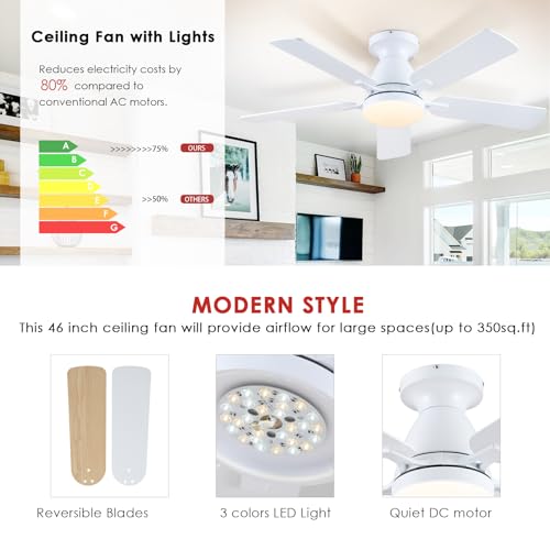 Ceiling Fans with Lights- 46" Low Profile Indoor Ceiling Fan with Light and Remote/APP Control, Flush Mount, LED Dimmable DC Reversible Modern Ceiling Fan for Bedroom（Black）