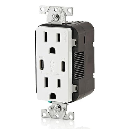 Leviton T5633-W Type A & Type-C USB In-Wall Charger with 15A Tamper-Resistant Outlet, USB Charger for Smartphones and Tablets, Not for Laptops, White