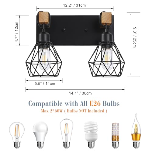Farmhouse Vanity Light for Bathroom, 3-Light Wood Bathroom Vanity Light Fixtures Over Mirror, Rustic Sconces Wall Lighting with Metal Lampshade for Living Room, Bedroom, Hallway