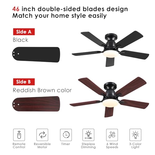 Ceiling Fans with Lights- 52" Low Profile Indoor Ceiling Fan with Light and Remote/APP Control, Flush Mount, LED Dimmable DC Reversible Modern Ceiling Fan for Bedroom（Black）