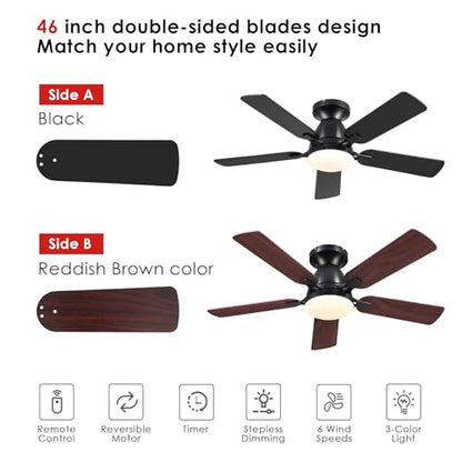 Ceiling Fans with Lights- 46" Low Profile Indoor Ceiling Fan with Light and Remote/APP Control, Flush Mount, LED Dimmable DC Reversible Modern Ceiling Fan for Bedroom（Black）