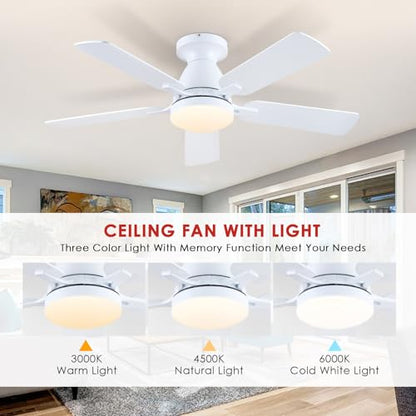 Ceiling Fans with Lights- 46" Low Profile Indoor Ceiling Fan with Light and Remote/APP Control, Flush Mount, LED Dimmable DC Reversible Modern Ceiling Fan for Bedroom（Black）