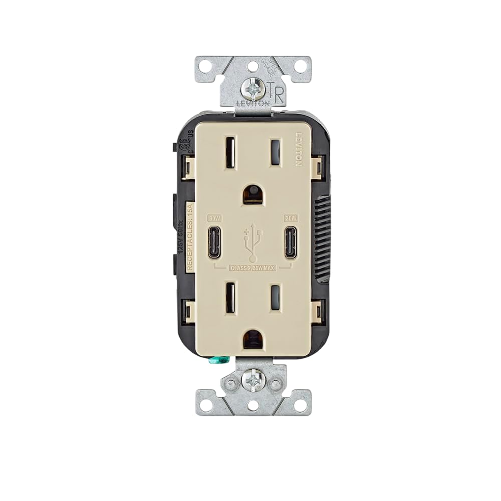 Leviton T5633-W Type A & Type-C USB In-Wall Charger with 15A Tamper-Resistant Outlet, USB Charger for Smartphones and Tablets, Not for Laptops, White