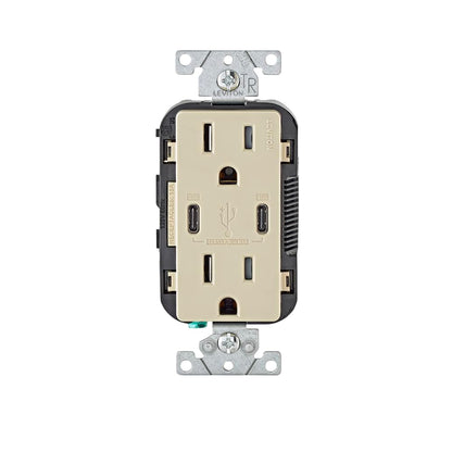 Leviton T5633-W Type A & Type-C USB In-Wall Charger with 15A Tamper-Resistant Outlet, USB Charger for Smartphones and Tablets, Not for Laptops, White