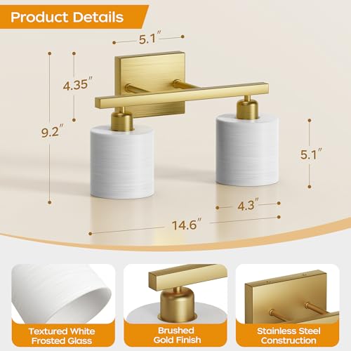PARTPHONER Bathroom Light Fixtures, Bathroom Lighting Fixtures Over Mirror, Interior Classic Vanity Lights, Modern Bathroom Vanity Light with Textured White Glass Shade, Brushed Nickel, 3-Light