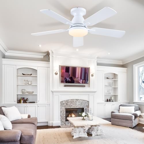 Ceiling Fans with Lights- 52" Low Profile Indoor Ceiling Fan with Light and Remote/APP Control, Flush Mount, LED Dimmable DC Reversible Modern Ceiling Fan for Bedroom（Black）