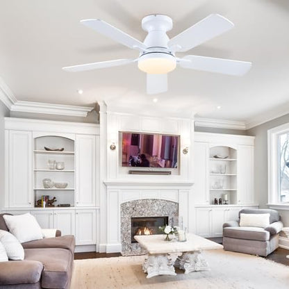 Ceiling Fans with Lights- 46" Low Profile Indoor Ceiling Fan with Light and Remote/APP Control, Flush Mount, LED Dimmable DC Reversible Modern Ceiling Fan for Bedroom（Black）