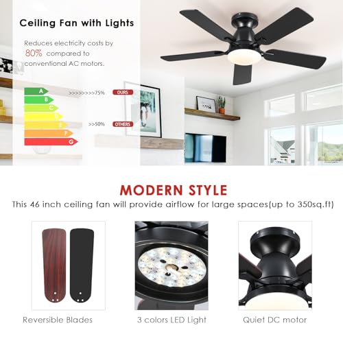 Ceiling Fans with Lights- 52" Low Profile Indoor Ceiling Fan with Light and Remote/APP Control, Flush Mount, LED Dimmable DC Reversible Modern Ceiling Fan for Bedroom（Black）