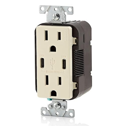Leviton T5633-W Type A & Type-C USB In-Wall Charger with 15A Tamper-Resistant Outlet, USB Charger for Smartphones and Tablets, Not for Laptops, White