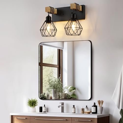 Farmhouse Vanity Light for Bathroom, 3-Light Wood Bathroom Vanity Light Fixtures Over Mirror, Rustic Sconces Wall Lighting with Metal Lampshade for Living Room, Bedroom, Hallway