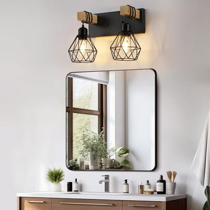 Farmhouse Vanity Light for Bathroom, 3-Light Wood Bathroom Vanity Light Fixtures Over Mirror, Rustic Sconces Wall Lighting with Metal Lampshade for Living Room, Bedroom, Hallway
