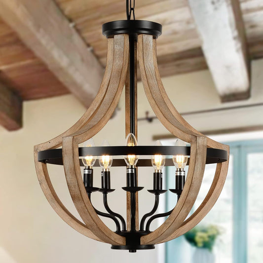 Solid Wood Modern Chandelier For Dining Room, Living Room, Kitchen, Island, Bedroom, Foyer, Height Adjustable, Brown