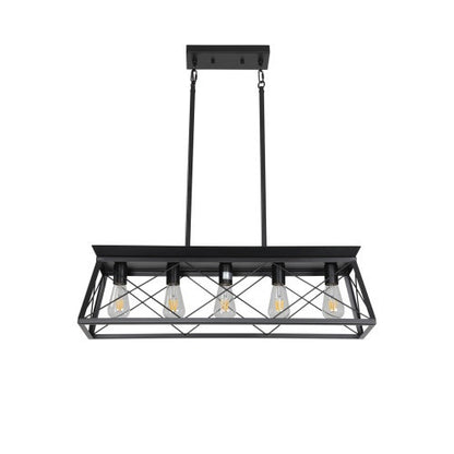 5 Lamps Farmhouse Chandelier For Dining Room, Metal Rustic Chandelier Island Lamp, Modern Rectangular Island Lamp For Kitchen, Living Room Pure Black - No Bulbs