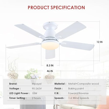 Ceiling Fans with Lights- 46" Low Profile Indoor Ceiling Fan with Light and Remote/APP Control, Flush Mount, LED Dimmable DC Reversible Modern Ceiling Fan for Bedroom（Black）