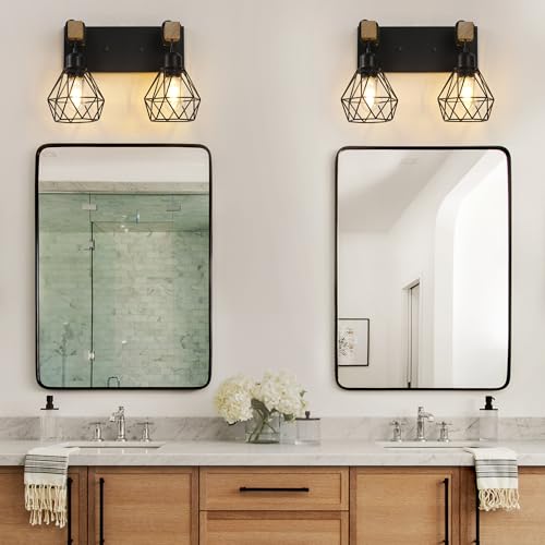 Farmhouse Vanity Light for Bathroom, 3-Light Wood Bathroom Vanity Light Fixtures Over Mirror, Rustic Sconces Wall Lighting with Metal Lampshade for Living Room, Bedroom, Hallway