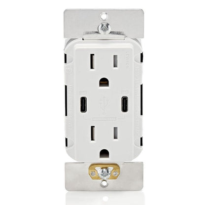 Leviton T5633-W Type A & Type-C USB In-Wall Charger with 15A Tamper-Resistant Outlet, USB Charger for Smartphones and Tablets, Not for Laptops, White