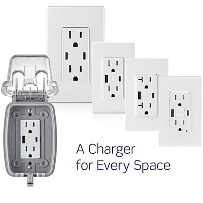 Leviton T5633-W Type A & Type-C USB In-Wall Charger with 15A Tamper-Resistant Outlet, USB Charger for Smartphones and Tablets, Not for Laptops, White