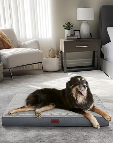 OhGeni 35 Inch Orthopedic Waterproof & Machine Washable Dog Bed for Medium Large Pets, 20D Egg Crate Foam Stable Support, Non-Slip Bottom and Removable Cover, Tear-Resistant Invisible Zipper(Gray)