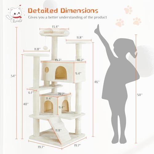 Sweetcrispy 54-Inch Cat Tree Tower – Multi-Level with Sisal Scratching Post, Perfect Pet Gift, Indoor Condo with Climbing Ladder, Plush Toy, and More Animal Stuff, Light Grey