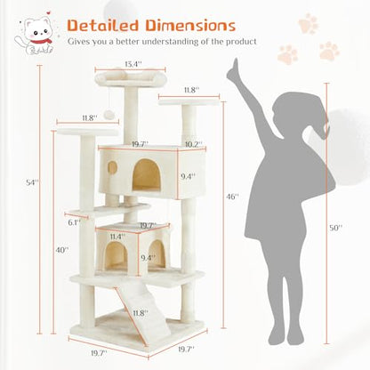 Sweetcrispy 54-Inch Cat Tree Tower – Multi-Level with Sisal Scratching Post, Perfect Pet Gift, Indoor Condo with Climbing Ladder, Plush Toy, and More Animal Stuff, Light Grey