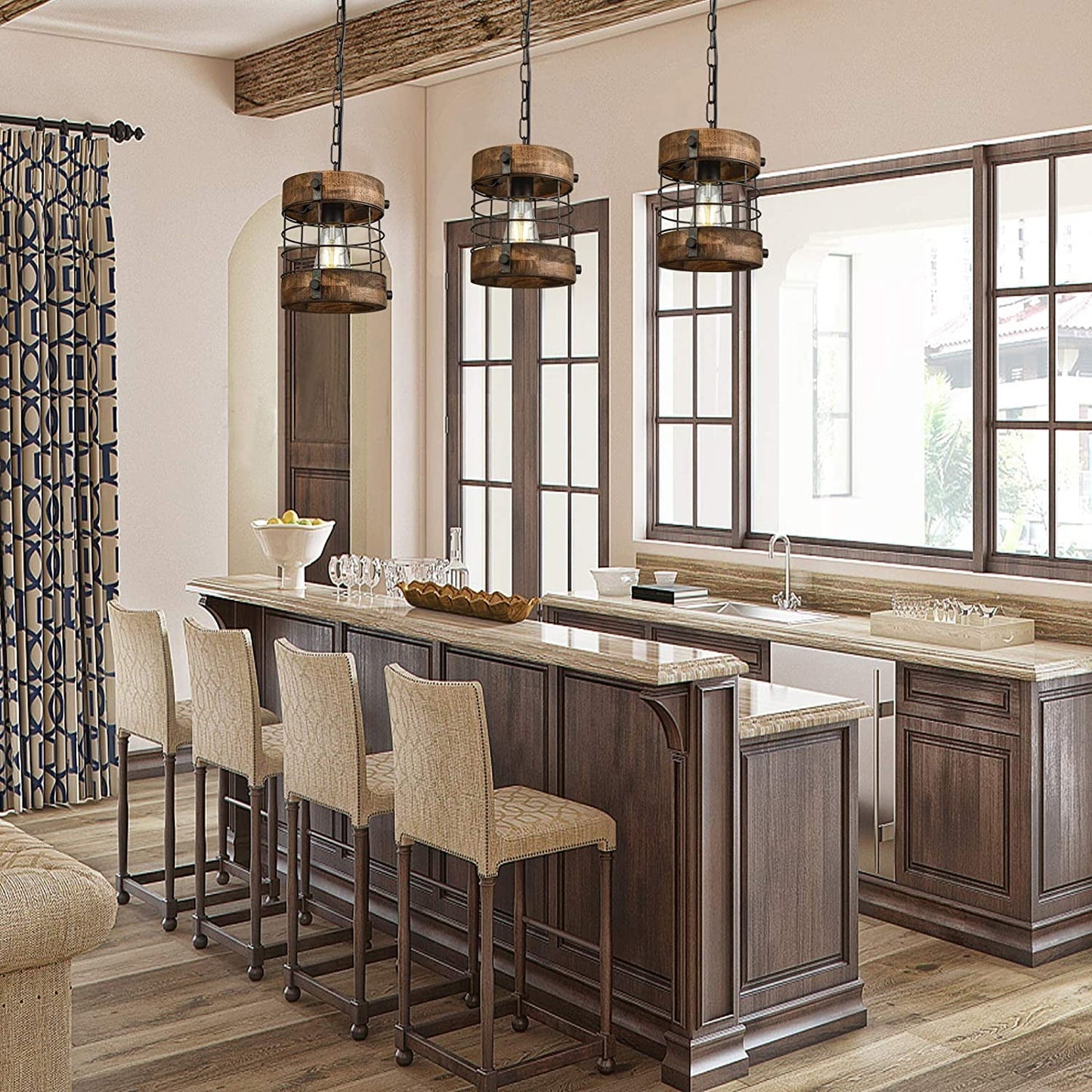 Retro Industrial Metal and Wood Chandelier 1-Light round Cage Pendant