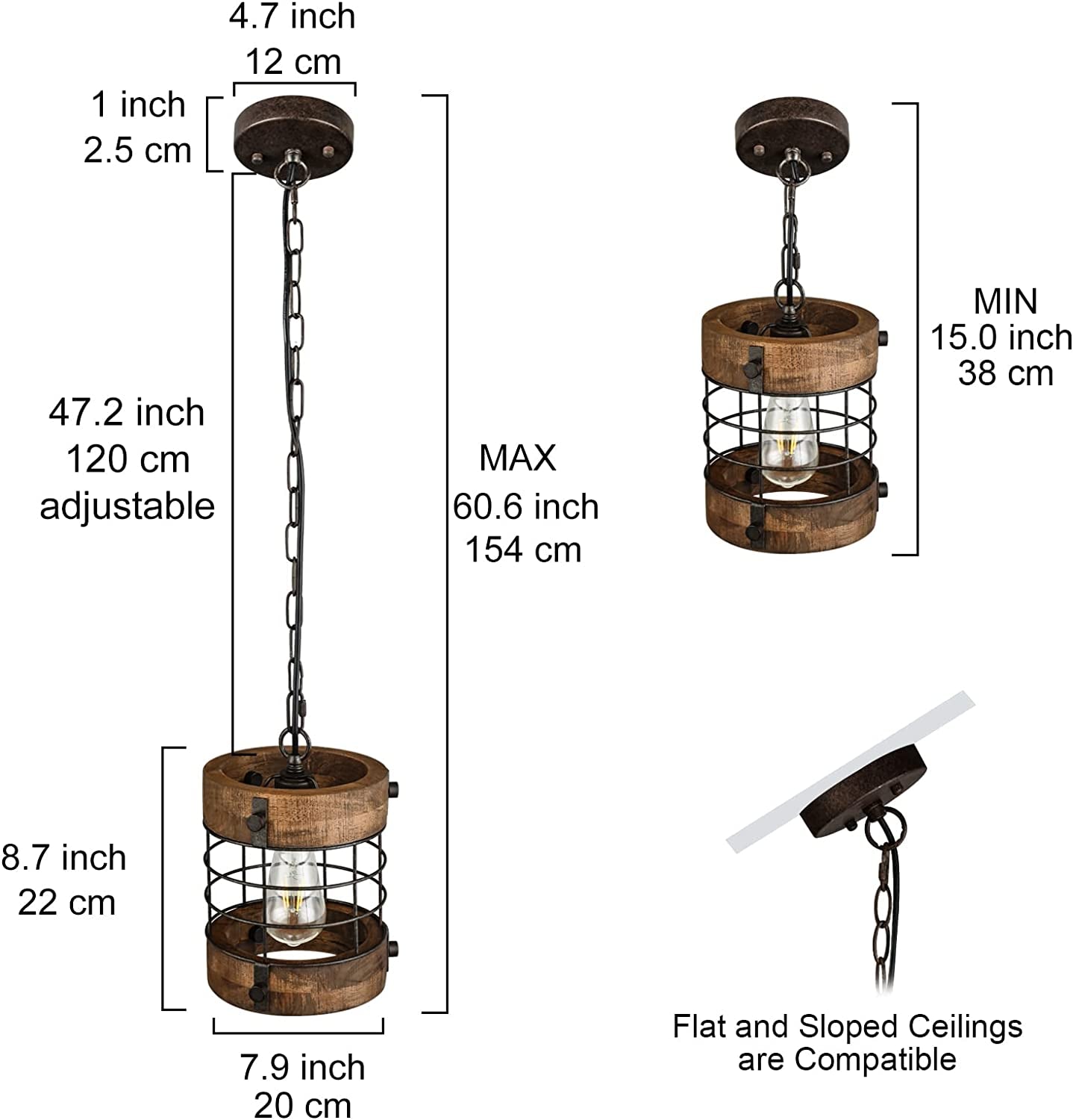 Retro Industrial Metal and Wood Chandelier 1-Light round Cage Pendant