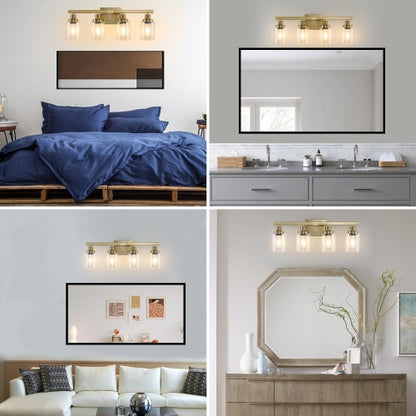 Gold 4 Lamp Vanity Light With Clear Glass Shade, Modern Iron Metal Bathroom Wall Fixture For Bathroom & Dresser - No Bulbs