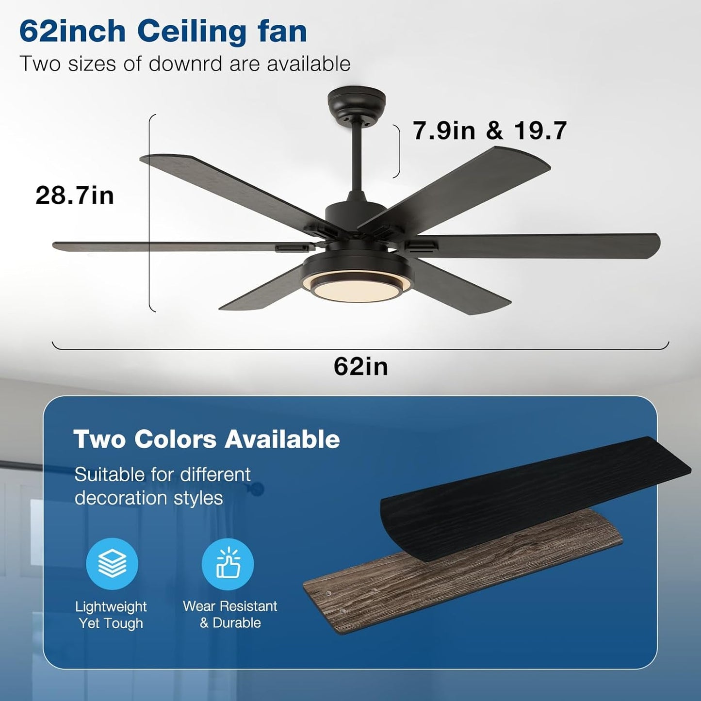 Ceiling Fans with Lights and Remote Control, 62 Inch, 6 Speeds