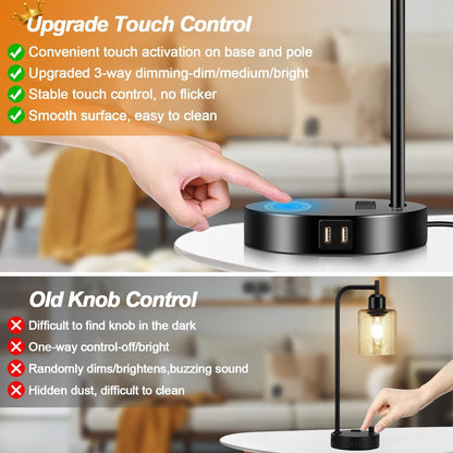 Set of 2 Industrial Touch Control Table Lamps with 2 USB Ports and AC