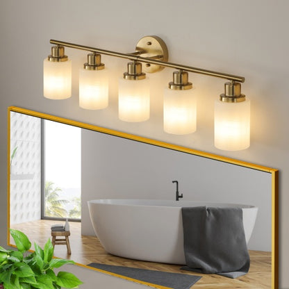 5 Lamps Gold Bathroom Vanity Lamp, Frosted Glass Shade, Modern Wall Mounted Lighting - No Bulbs