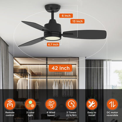 42 Inch Black Ceiling Fans with Lights Led Remote Control Flush Mount