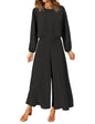 ROYLAMP Women's Summer 2 Piece Outfits Round Neck Crop Basic Top Cropped Wide Leg Pants Set Jumpsuits