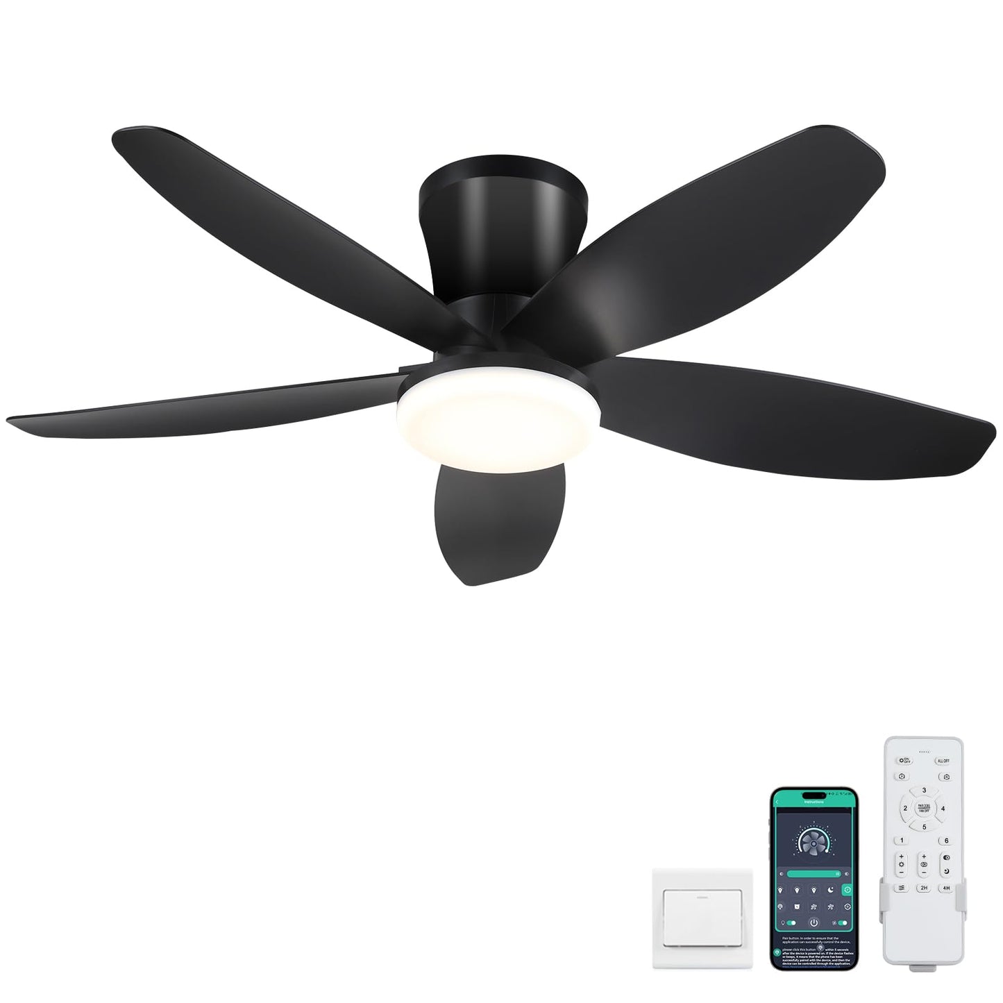 Ceiling Fans with Lights-36 Low Profile Ceiling Fan with Light and Remote/APP Control,Flush Mount,DC Reversible,LED Dimmable Blakc Ceiling Fans for Bedroom,Indoor/Outdoor Patio Use