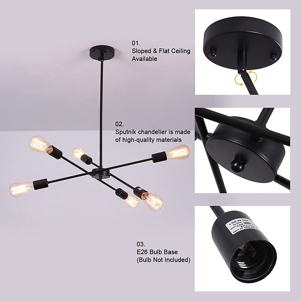 Black Sputnik Chandelier 6 Lights Modern Industrial Ceiling Light Mid Century Vintage Contemporary Pendant Dining Room Lighting Fixtures Hanging