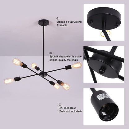 Black Sputnik Chandelier 6 Lights Modern Industrial Ceiling Light Mid Century Vintage Contemporary Pendant Dining Room Lighting Fixtures Hanging