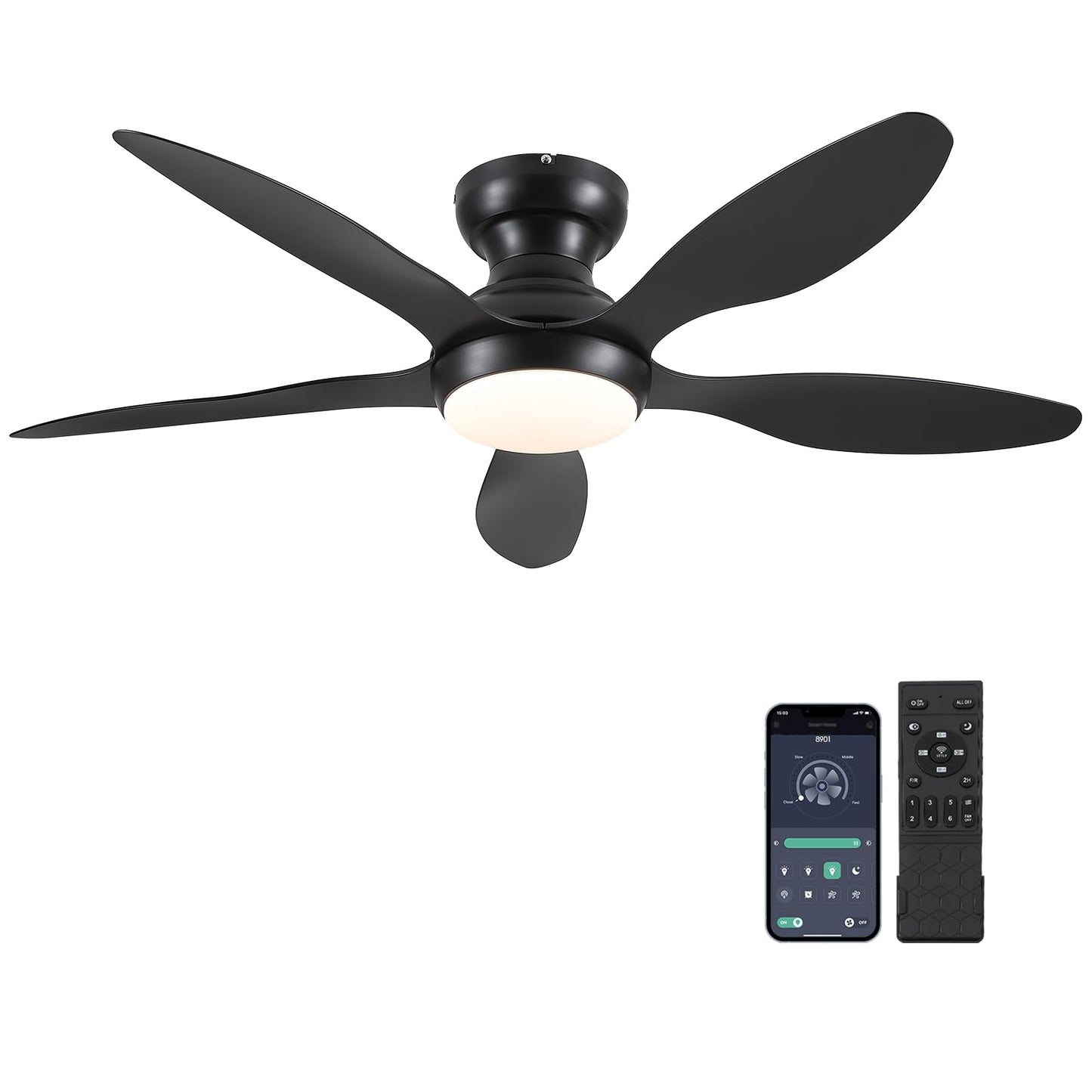Ceiling Fans with Lights, 51 inch Modern Black Low Profile Ceiling Fan with Light and Remote App Control, Flush Mount, Quiet DC Reversible, Dim Led Ceiling Fan 6 Blade Softer Wind Indoor/Outdoor Patio