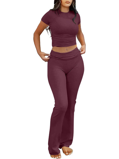 ANRABESS Lounge Sets for Women 2 piece Foldover Yoga Flare Leggings Pants Crop Tops Casual Y2K Outfits Matching Tracksuit Set