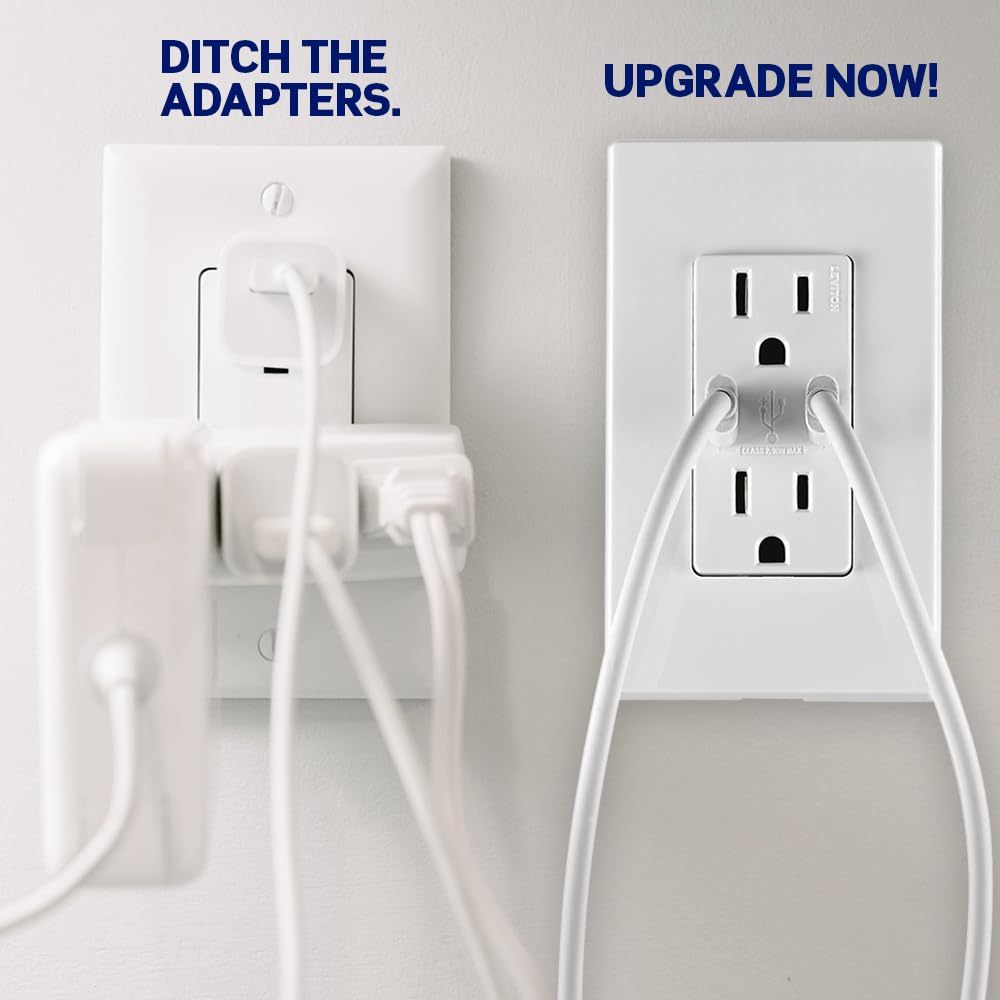 Leviton T5633-W Type A & Type-C USB In-Wall Charger with 15A Tamper-Resistant Outlet, USB Charger for Smartphones and Tablets, Not for Laptops, White