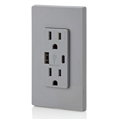 Leviton T5633-W Type A & Type-C USB In-Wall Charger with 15A Tamper-Resistant Outlet, USB Charger for Smartphones and Tablets, Not for Laptops, White