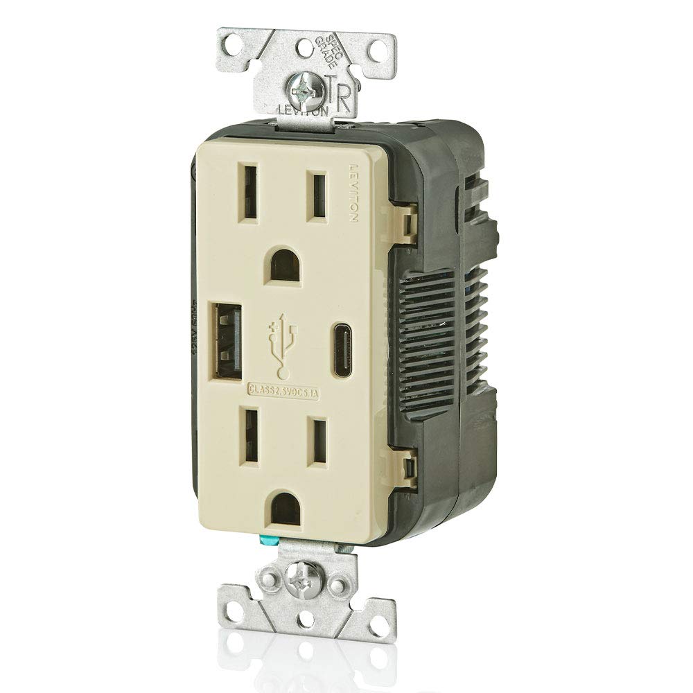 Leviton T5633-W Type A & Type-C USB In-Wall Charger with 15A Tamper-Resistant Outlet, USB Charger for Smartphones and Tablets, Not for Laptops, White