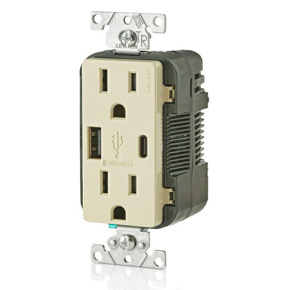 Leviton T5633-W Type A & Type-C USB In-Wall Charger with 15A Tamper-Resistant Outlet, USB Charger for Smartphones and Tablets, Not for Laptops, White