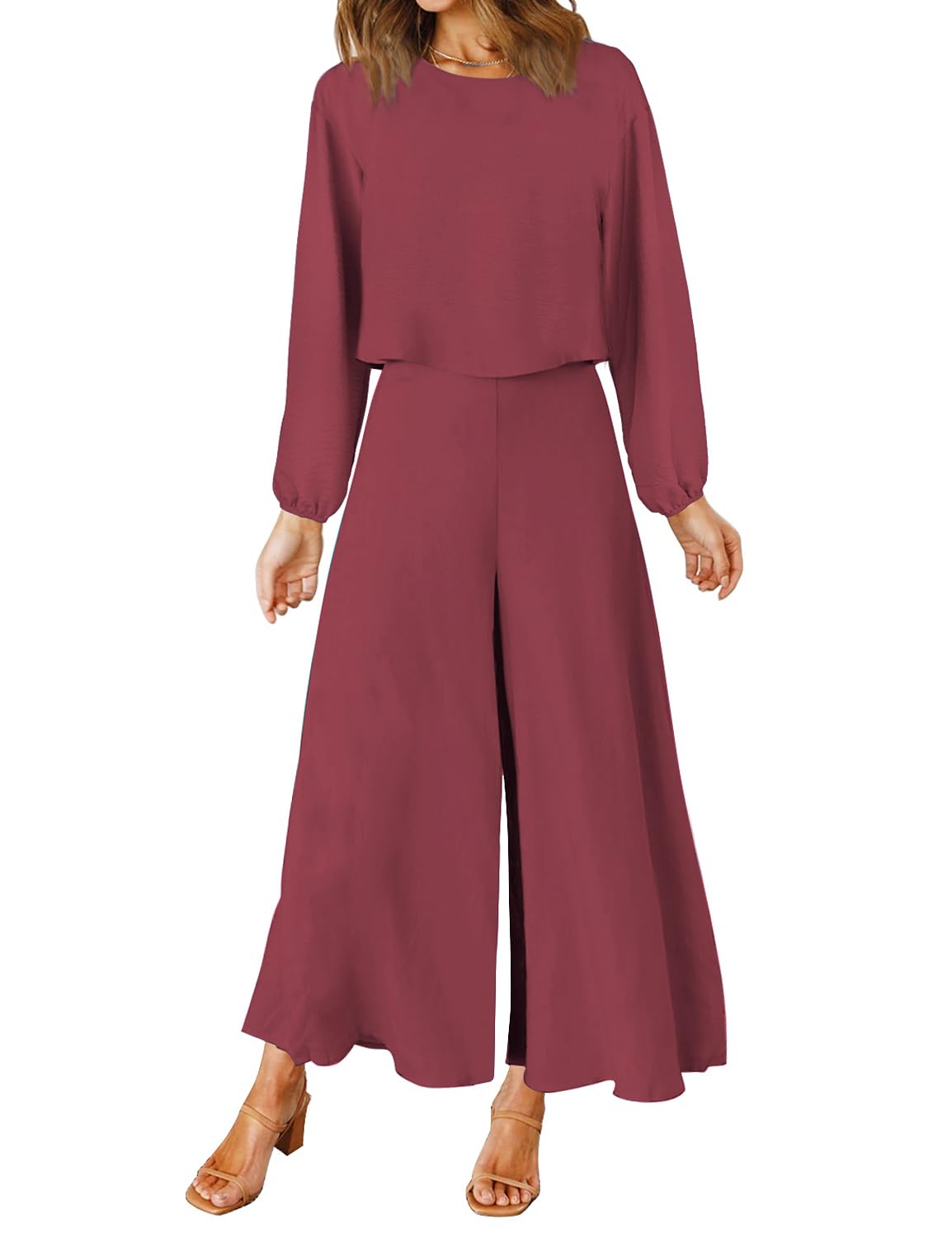 ROYLAMP Women's Summer 2 Piece Outfits Round Neck Crop Basic Top Cropped Wide Leg Pants Set Jumpsuits
