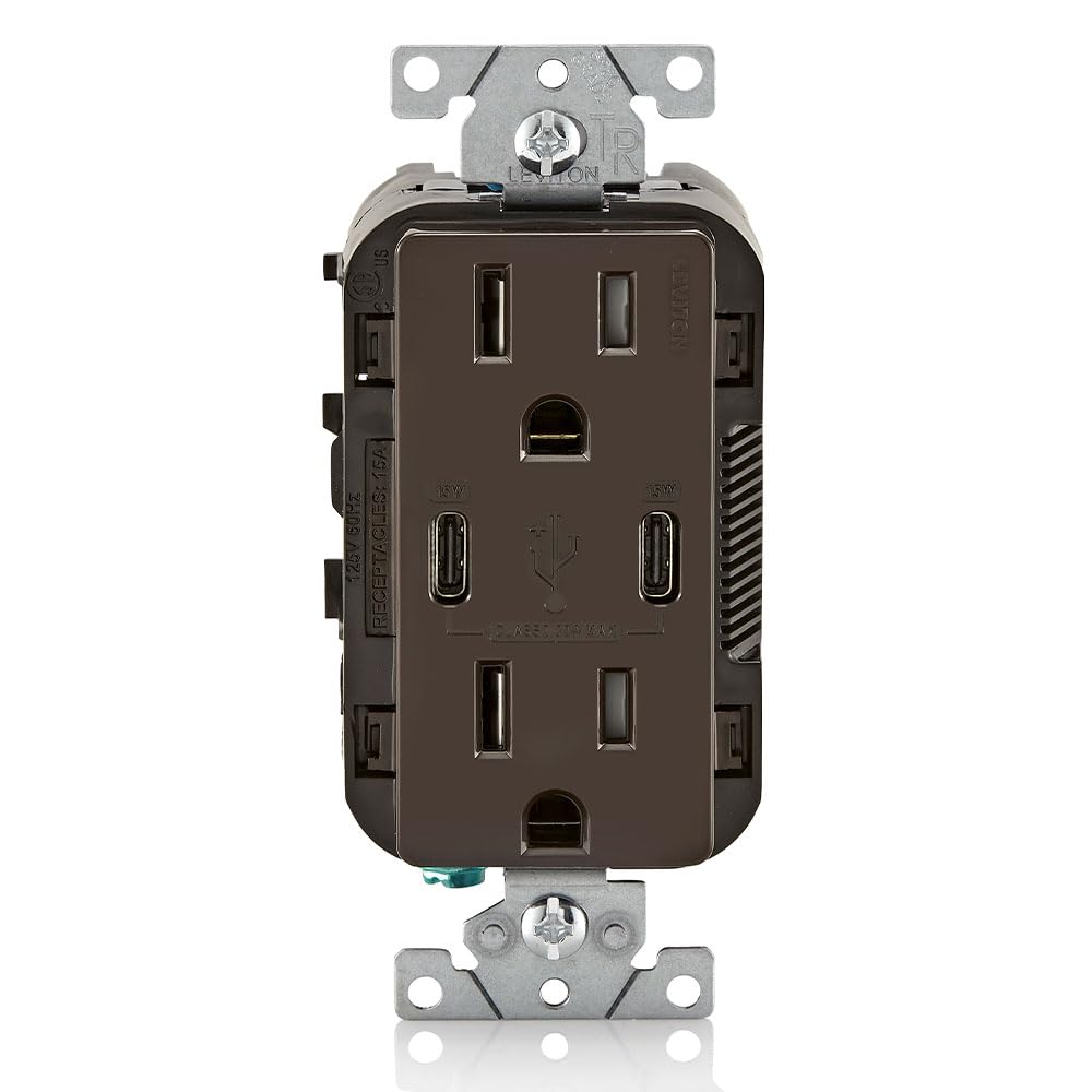 Leviton T5633-W Type A & Type-C USB In-Wall Charger with 15A Tamper-Resistant Outlet, USB Charger for Smartphones and Tablets, Not for Laptops, White