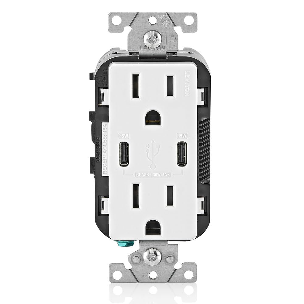 Leviton T5633-W Type A & Type-C USB In-Wall Charger with 15A Tamper-Resistant Outlet, USB Charger for Smartphones and Tablets, Not for Laptops, White