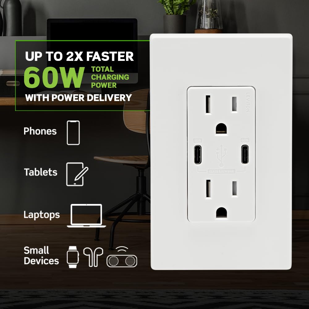 Leviton T5633-W Type A & Type-C USB In-Wall Charger with 15A Tamper-Resistant Outlet, USB Charger for Smartphones and Tablets, Not for Laptops, White