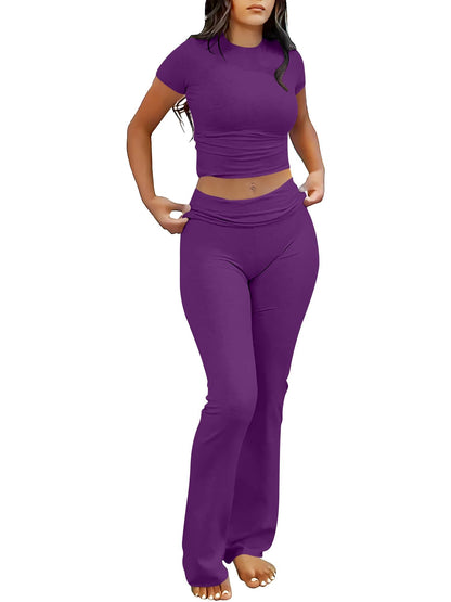ANRABESS Lounge Sets for Women 2 piece Foldover Yoga Flare Leggings Pants Crop Tops Casual Y2K Outfits Matching Tracksuit Set