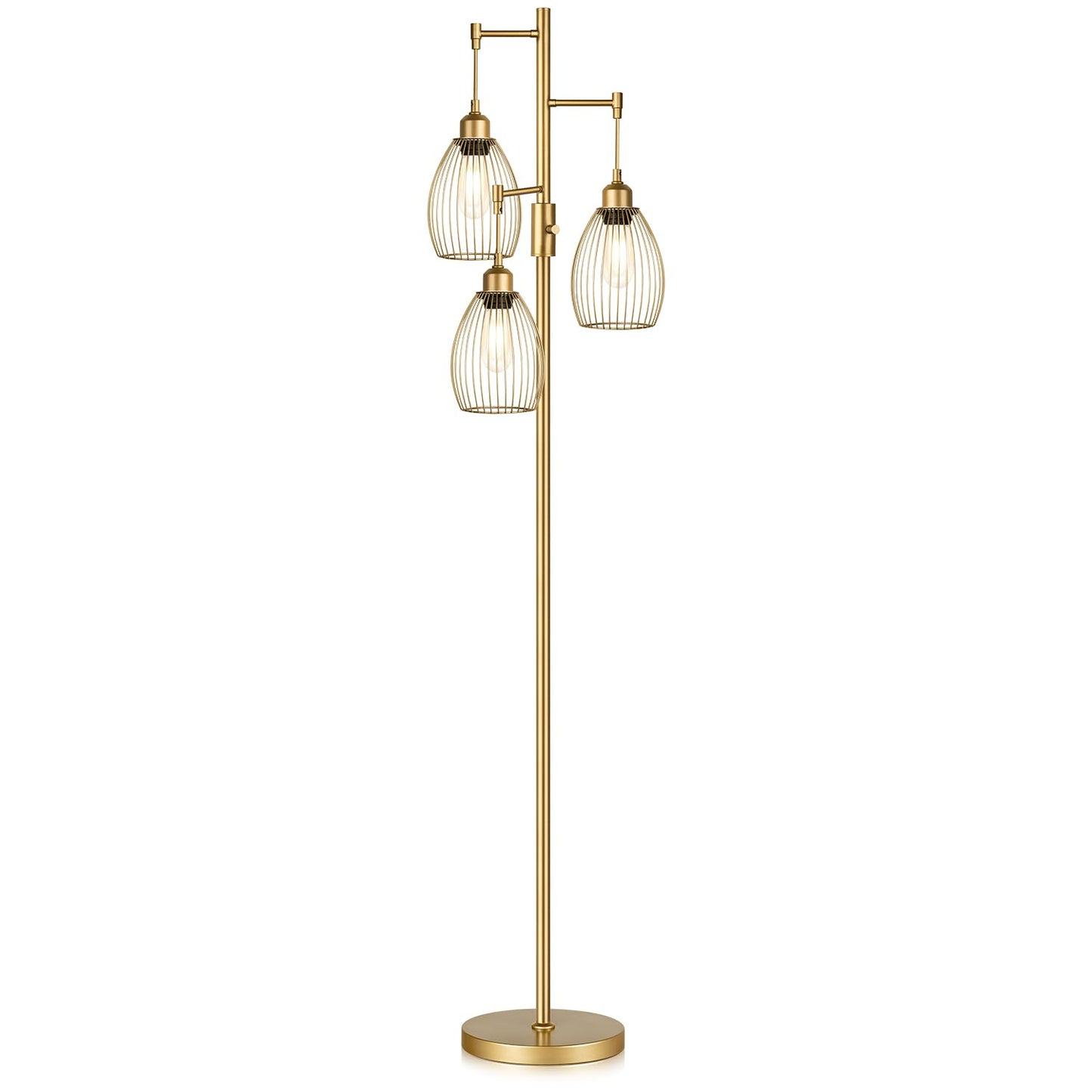Dimmable Industrial Floor Lamps for Living Room, Gold Tree Standing Tall Lamps with 3 Elegant Teardrop Cage Head & 800 Lumens LED Bulbs for Bedroom Office