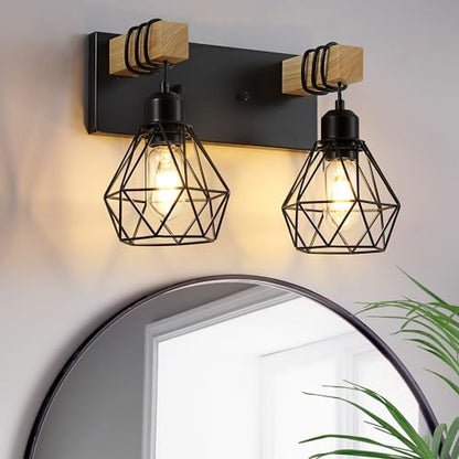 Farmhouse Vanity Light for Bathroom, 3-Light Wood Bathroom Vanity Light Fixtures Over Mirror, Rustic Sconces Wall Lighting with Metal Lampshade for Living Room, Bedroom, Hallway